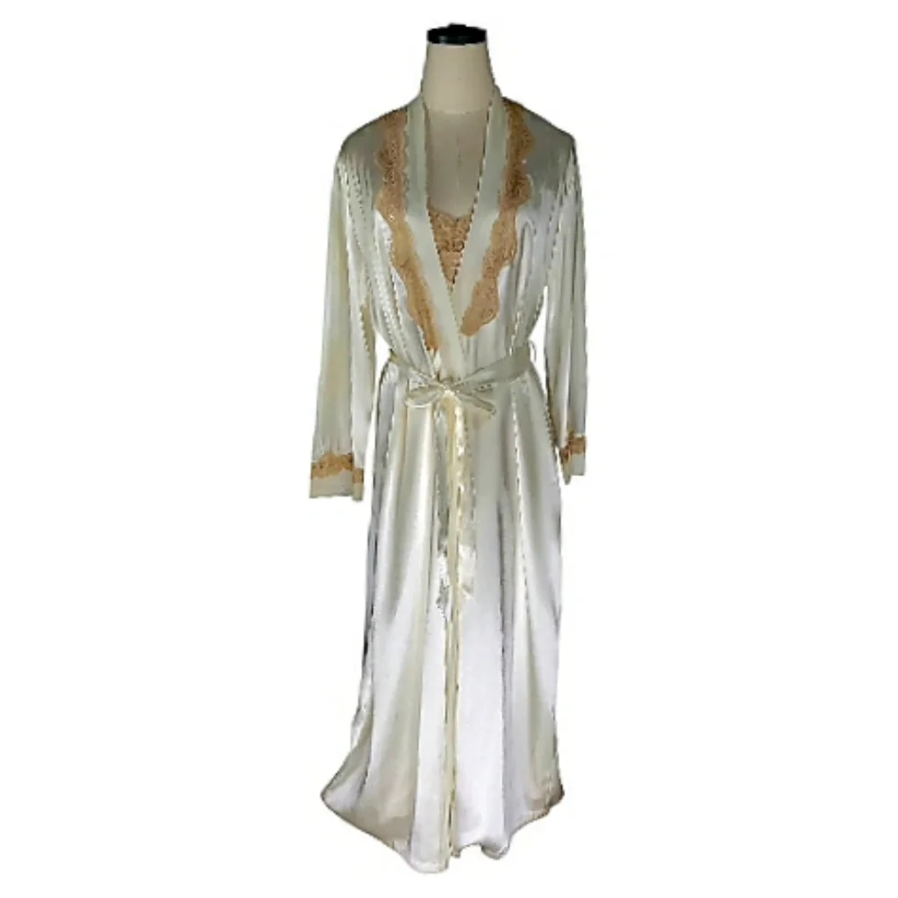 Satin White 2 Piece Peignoir Set M/L Robe Gown Lace Bridal Honeymoon Cocquette - Picture 9 of 14